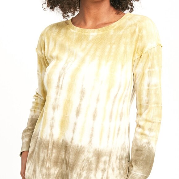 MYSTREE Yellow Beige Tie-Dye Long Sleeve Top, Casual Waffle Knit Pullover - Picture 6 of 7